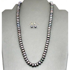 Retro Peacock Pearl Necklace 8mm Black Freshwater Drop Earrings 21 In