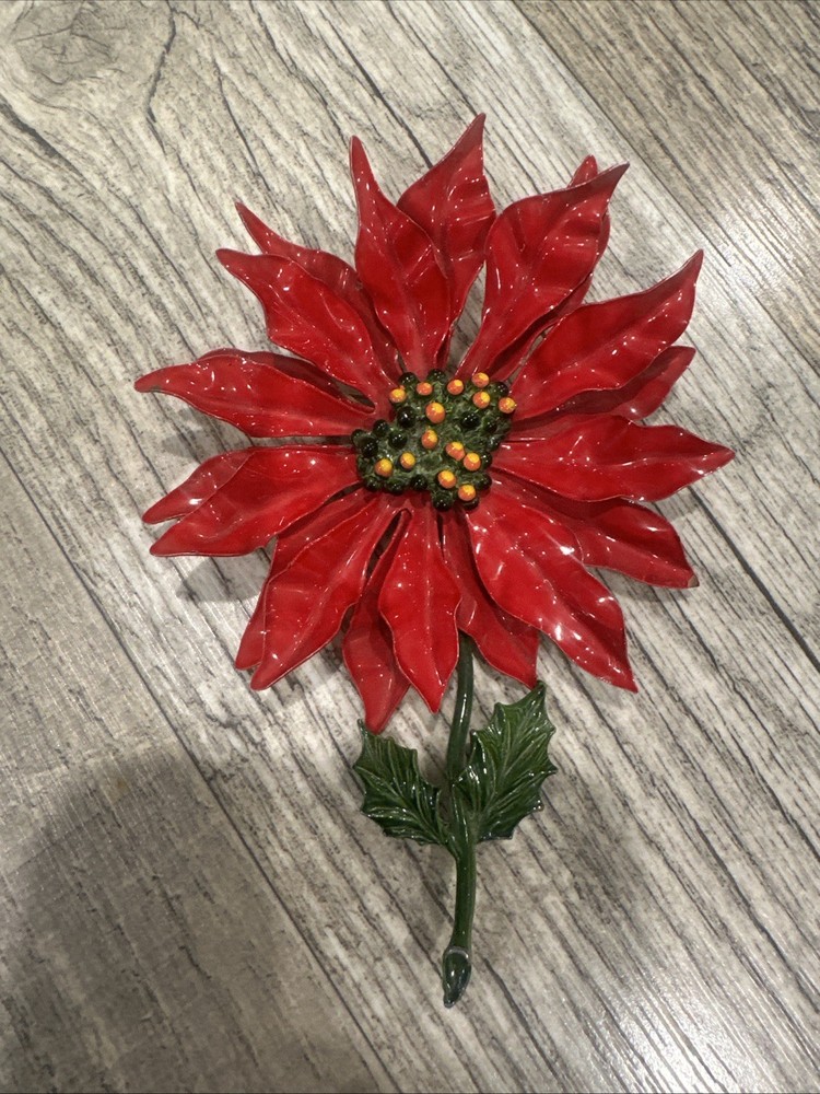 Vintage Enameled Metal Poinsettia Flower Christmas Holiday Brooch Pin XL 5”