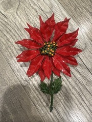 Vintage Enameled Metal Poinsettia Flower Christmas Holiday Brooch Pin XL 5”