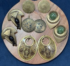 Vintage Brass Tone Statement Earrings Jewelry Lot 5 PR Pierced Black Green LG