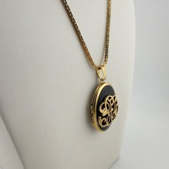 Vintage Gold Tone Black Oval Monogram Locket Necklace