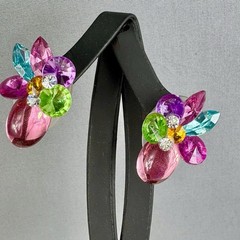 Vintage Lucite Rhinestone Flower Clip Earrings Pink Blue Green