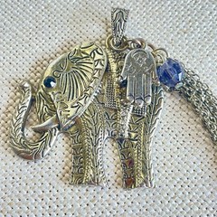 Vintage Boho Silver Tone Elephant Statement Pendant Hamsa Hand Tassel Charm 2”