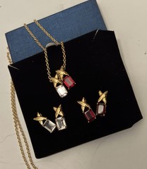 Vintage Regal Goldtone Ruby/ Clear Crystal Pendant Necklace / Earrings Set