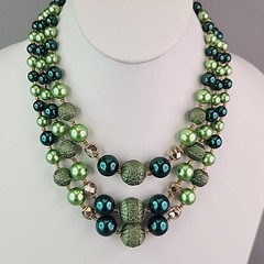Vintage Beaded Necklace Green Triple Layered Acrylic Japan Choker 16″