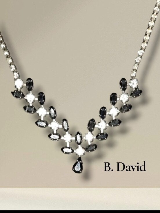 designer B David Rhinestone Necklace vtg black Clear and silver Signed Bridal