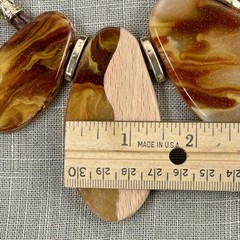 C 1946 Marbled Acrylic/Wood Ovals Faux Leather Cord Statement Gold Tone Necklace