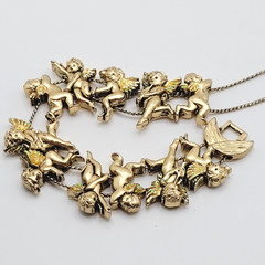 Cherub Angels Iridescent Glitter Wings Gold Tone Vtg Slide Bracelet 7.5 Inch