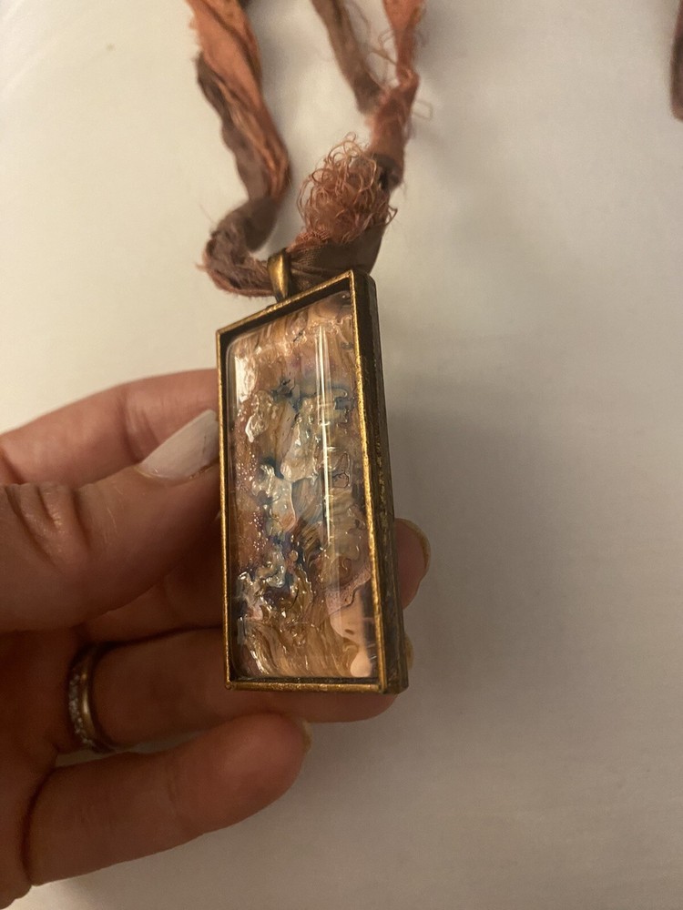 Painted Glass Copper Pendant With Tied Ribbon Necklace Bohemian Handmade