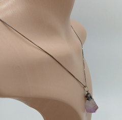 VTG 925 Raw Amethyst Stone Necklace 30in Sterling Silver 13gtw Box Chain Natural