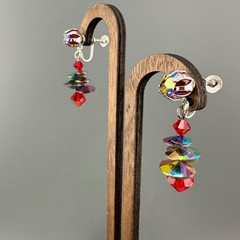 Vintage AB Rhinestone Disco Earrings Dangle Drop Multicolor Discs Clip On Galaxy