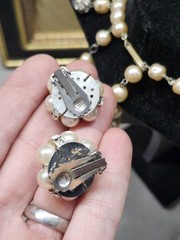 STUNNING 1950s Pearls & Rhinestone DROP Necklace & Clip Earring SET Estate WoW!