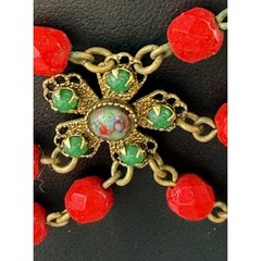 Vintage Freirich Necklace Triple Scalloped Red Faceted Glass Beads Green Flowers