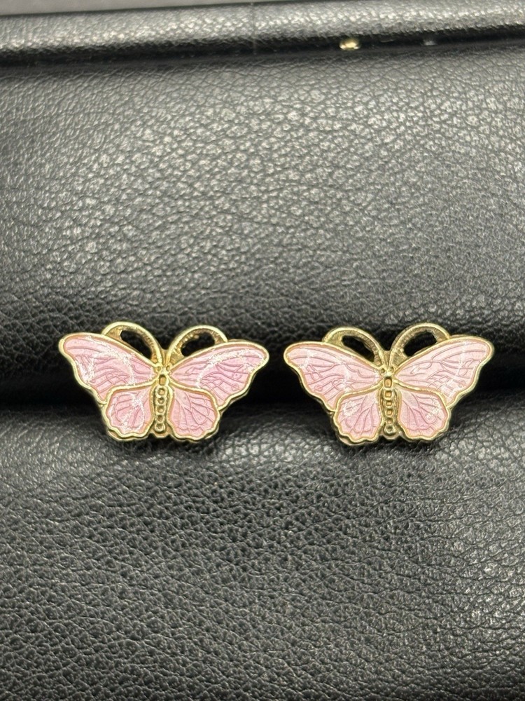 Vintage Gold Sterling Silver Pink Enamel Butterfly Earrings G22