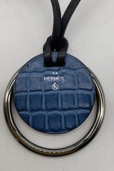 HERMES Blue Leather Alligator Petit H Round Pendant Necklace