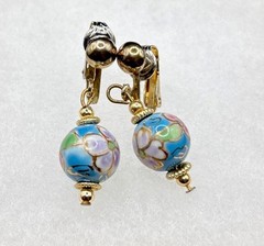 CLOISONNE GORGEOUS GENUINE ENAMEL FLOWER ROUND clip on EARRINGS