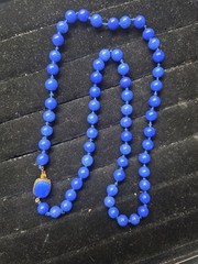 Vintage Marvella Signed Blue Round Ball Glass Bead Necklace W/ Gold Plated Clasp