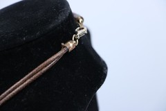 Long Gold Tone Circle Link Necklace Hammered Rings Brown Cord