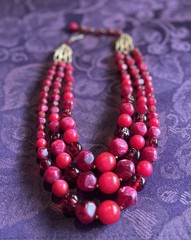 Vintage 50’s Star Brand Triple Strand Lucite/Plastic Red Bead Necklace