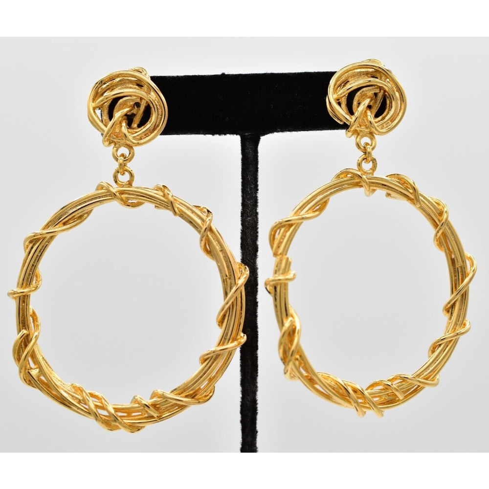 Vintage Chunky Dangle Earrings Pierced Post Wired Circle Round Gold NOS 1980s W1