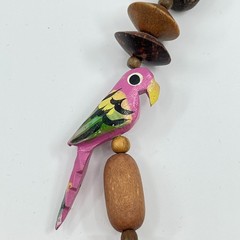 Vintage Boho Tropical Wood Parrot Beaded Statement Necklace Pink Bird Accent