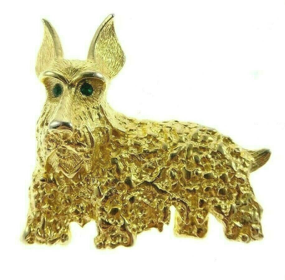 2″ Green-Eyed Scottie Dog Brooch Shaggy Fluffy Rhinestone Gold-Colored Puppy