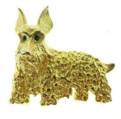 2″ Green-Eyed Scottie Dog Brooch Shaggy Fluffy Rhinestone Gold-Colored Puppy
