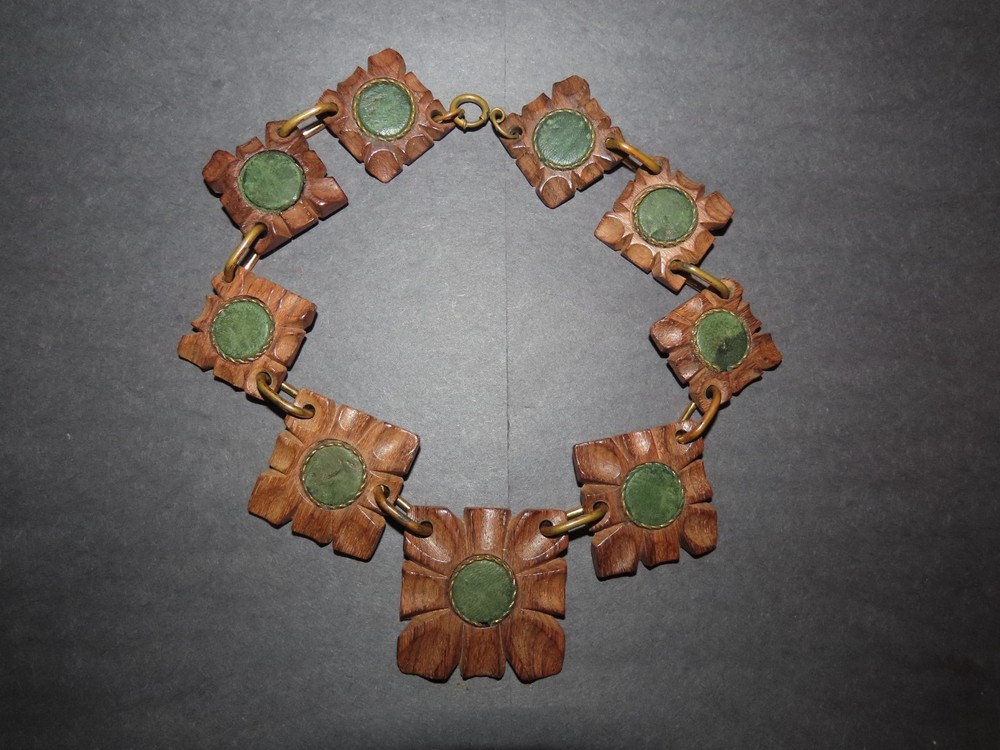1930s ARTS CRAFTS WOOD LEATHER COPPER HAND-MADE CHOKER NECKLACE 17″