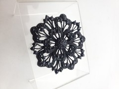Vintage HUGE JET Black Japanned RHINESTONES Mourning BROOCH PIN FLOWER 2.5″