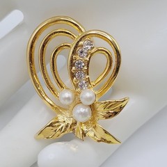 Heart Modernist Abstract Faux Pearl Rhinestone Open Metal Gold Tone Brooch Pin