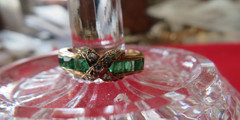 Vintage Thailand Costume Jewelry AFJ Faux Emerald & Diamond Ring Size 7.25