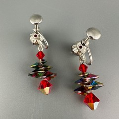 Vintage AB Rhinestone Disco Earrings Dangle Drop Multicolor Discs Clip On Galaxy