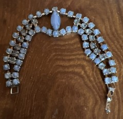 Vintage Blue Moonstone Bracelet Glass Rhinestones Silver Tone 6.5 In.