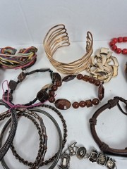 Lot of 30+ Mixed Materials Bracelets Bangle Stretch Cuff Wood Leather Metal