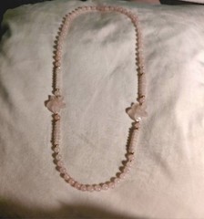Vintage Pink Rose Quartz Hand Knotted Beaded Necklace With 2 Carved Pink Quartz