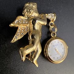 Vintage Revlon 1.5” Cherub Angel Watch Brooch Pin Gold Tone New Battery