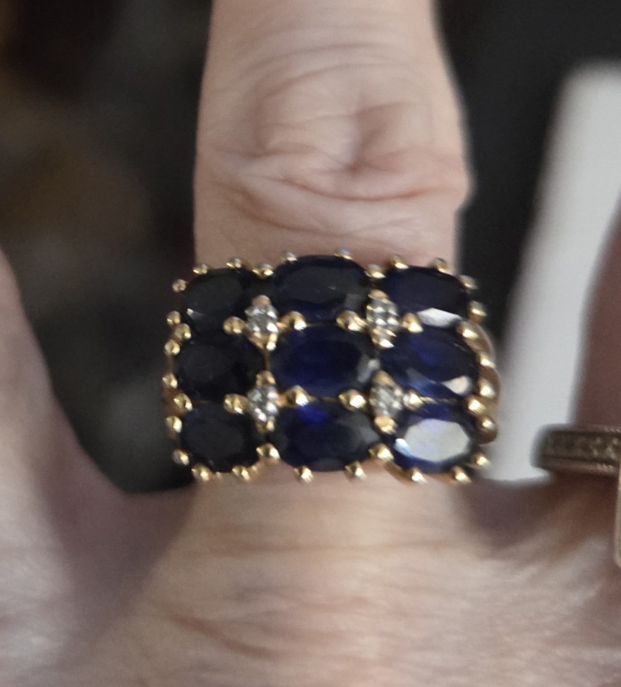 Vintage Blue Sapphire & Diamond Chip Cluster Ring, Size 6, Gold Plated Statement
