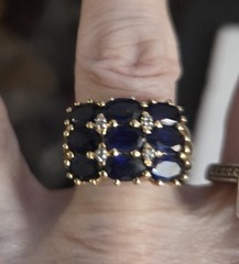 Vintage Blue Sapphire & Diamond Chip Cluster Ring, Size 6, Gold Plated Statement