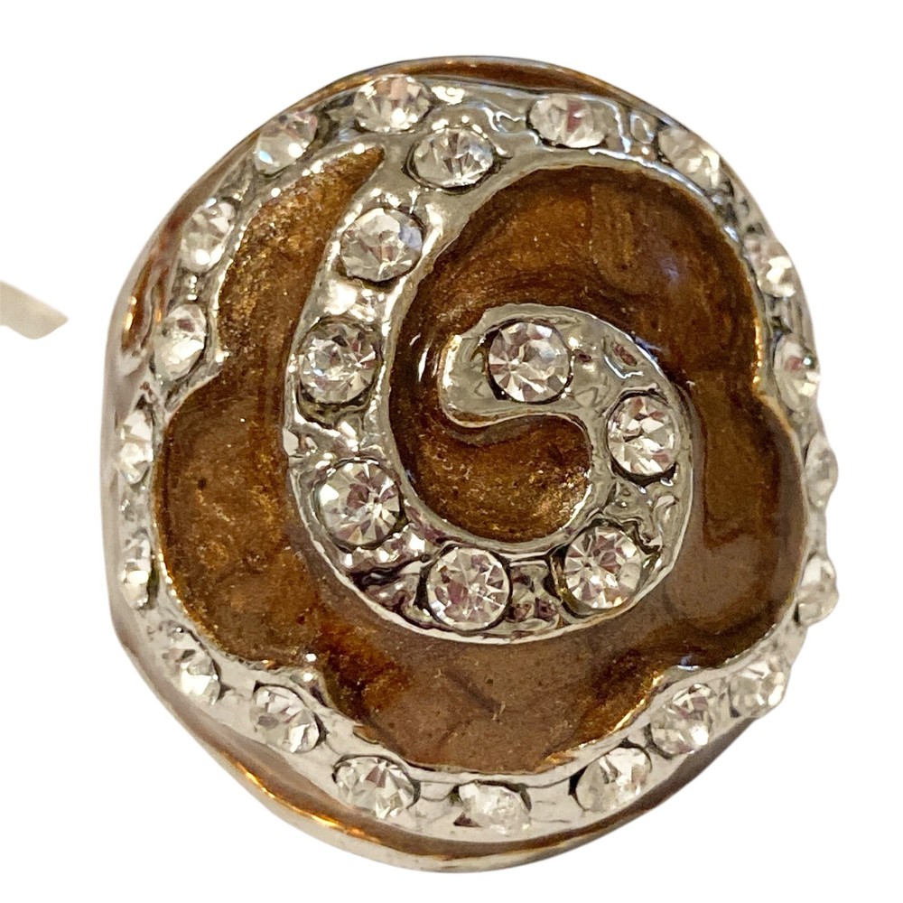 Vintage Brown Enamel Swirl Crystal Cocktail Ring Art Deco Silver Plated Size 8