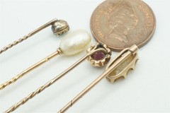 4 ANTIQUE VICTORIAN / GEORGIAN ENGLISH GOLD & GEMSTONE STICKPINS NATURAL PEARL