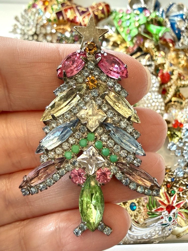 Vintage Pastel Rhinestone Christmas Tree Brooch Navette Holiday Pin 2.25”