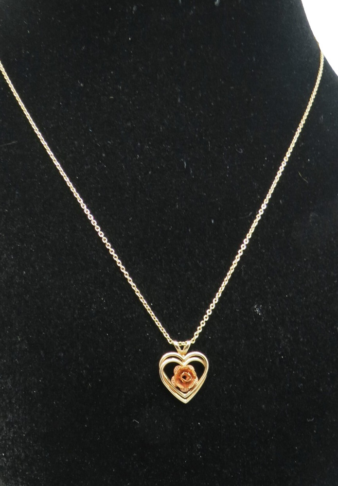Gold Filled Heart Pendant Marked 14k GF PPC Rose Gold Flower Vermeil Chain 17.75