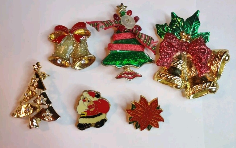 Vintage Christmas Brooches Trees / Bells / Santa / Poinsettia pins lot Of 6