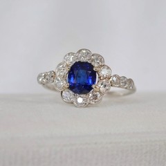 Art Deco Lab Created Diamonds ring with blue sapphire 14k White Gold Finish Ring