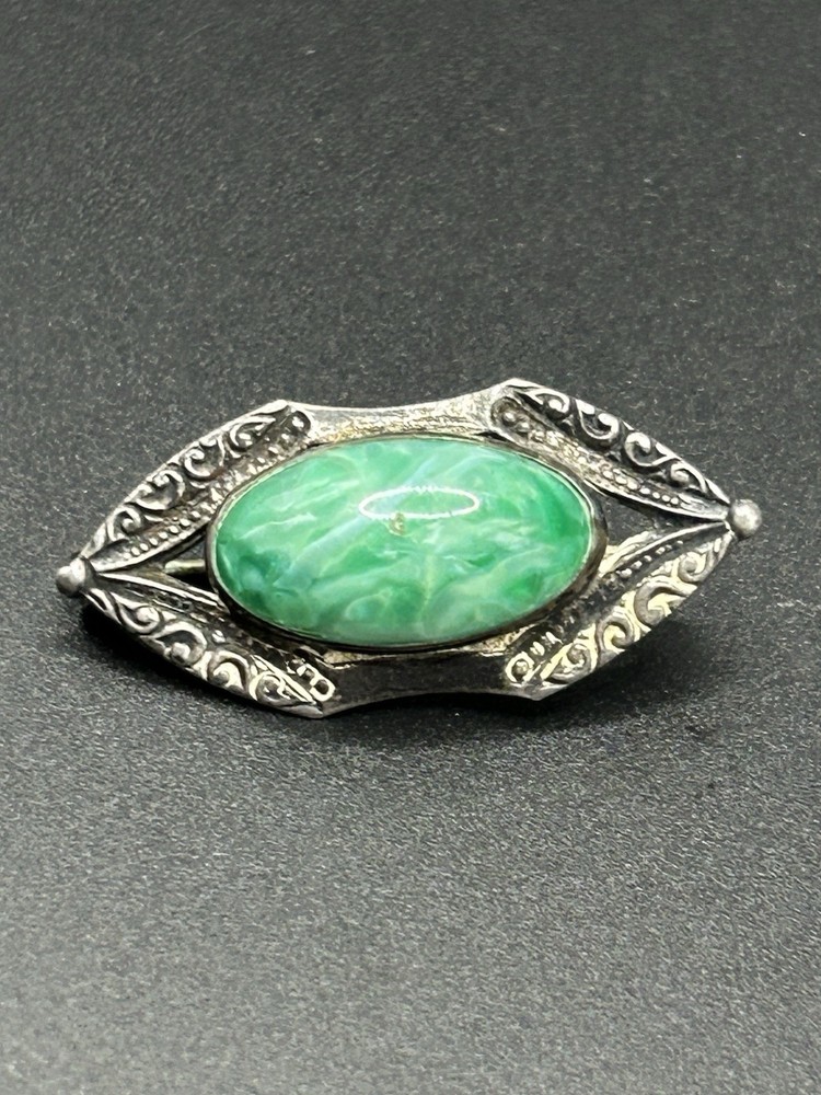 Vintage Sterling Silver Green Cabochon Marquise Brooch/ Pin