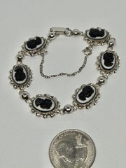 Vintage Black & White Cameo Plaque Sorrento Sterling Silver Bracelet 7 1/4”