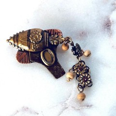 Vintage Mixed Metal Floral Dangle Brooch Boho Hippie Gypsy Style Beaded Accent