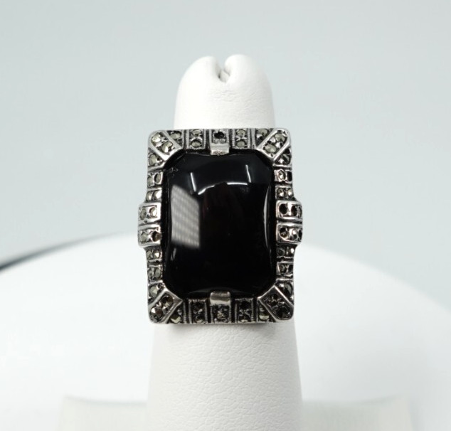 Vintage Black Stone and Markasite Sterling Silver Ring Etched Size 5.5