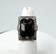 Vintage Black Stone and Markasite Sterling Silver Ring Etched Size 5.5