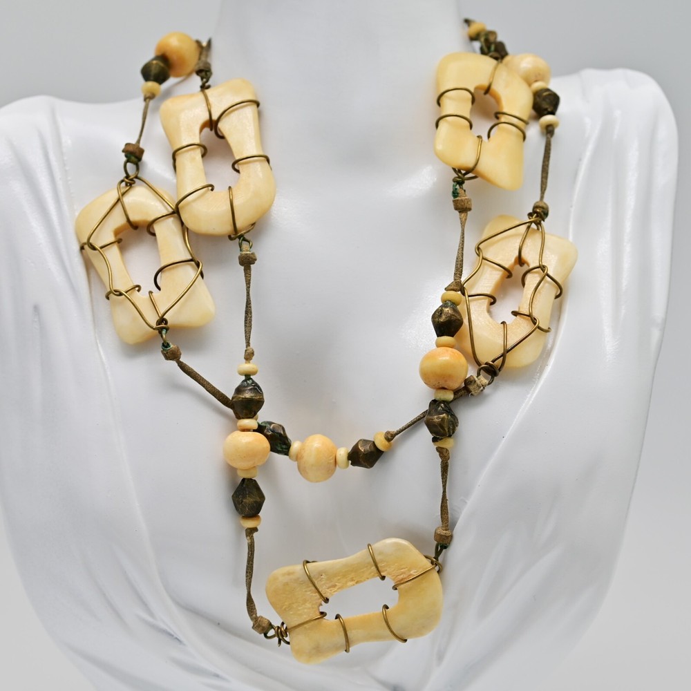 Original Vintage Designer MCM Bronze Bovine Coral Gemstone Bone Estate Necklace